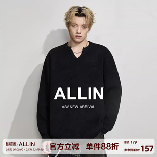 情侣休闲外套 黑色V领毛衣男春秋潮牌慵懒风百搭针织衫 ALLIN 美式