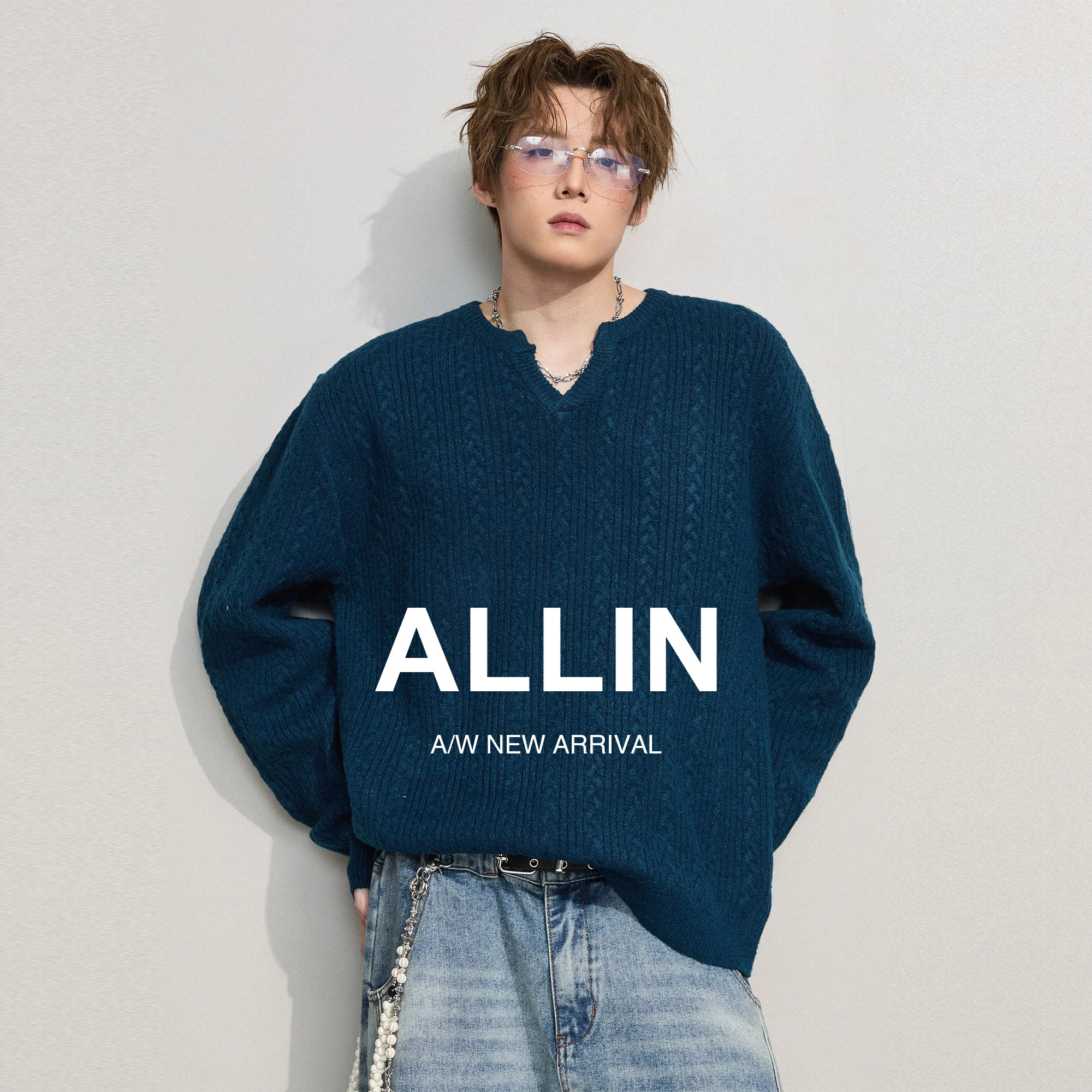 ALLIN V领慵懒风毛衣男春秋宽松含羊毛打底针织衫情侣麻花纹外套
