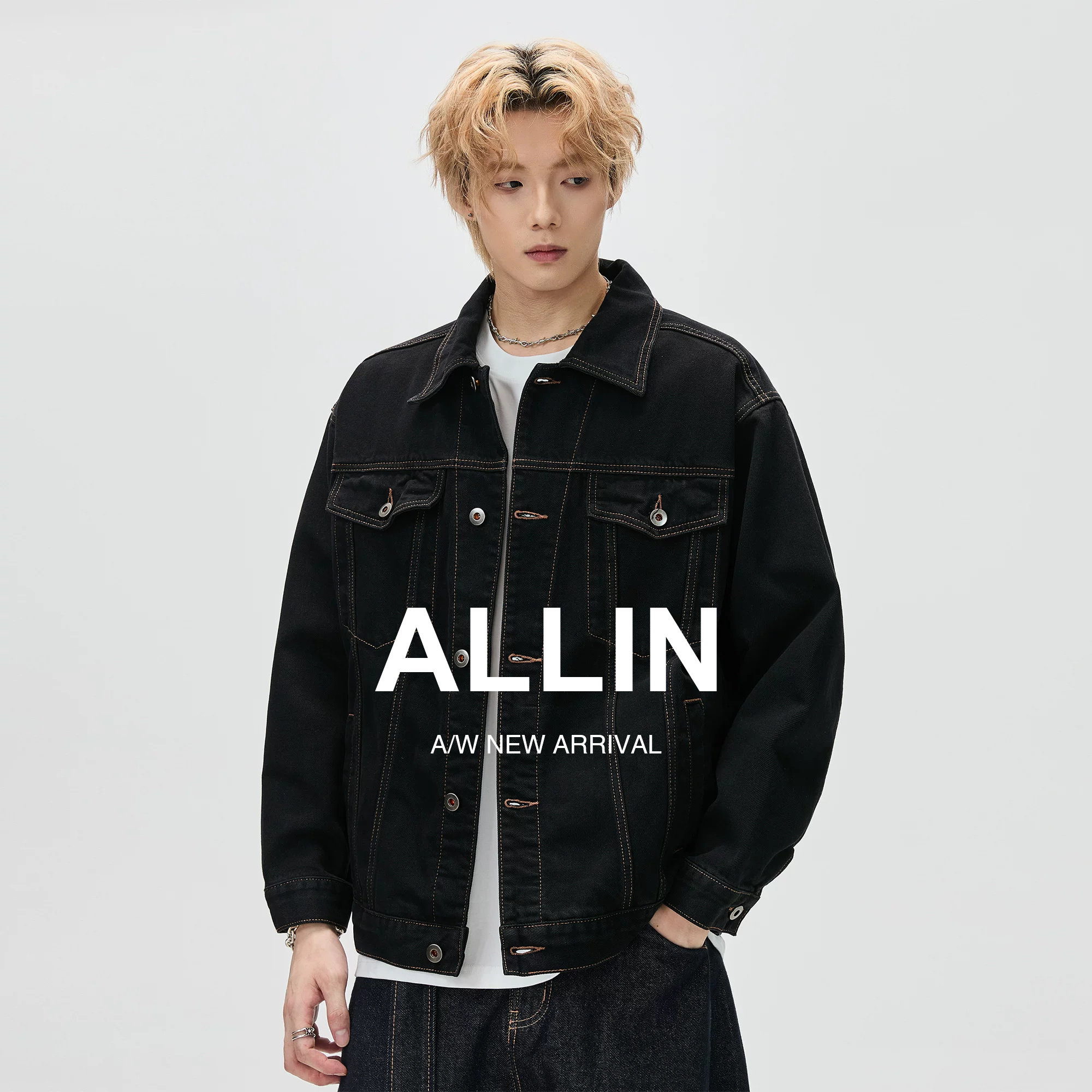ALLIN 美式复古牛仔外套男春秋季高级感工装cleanfit翻领情侣夹克