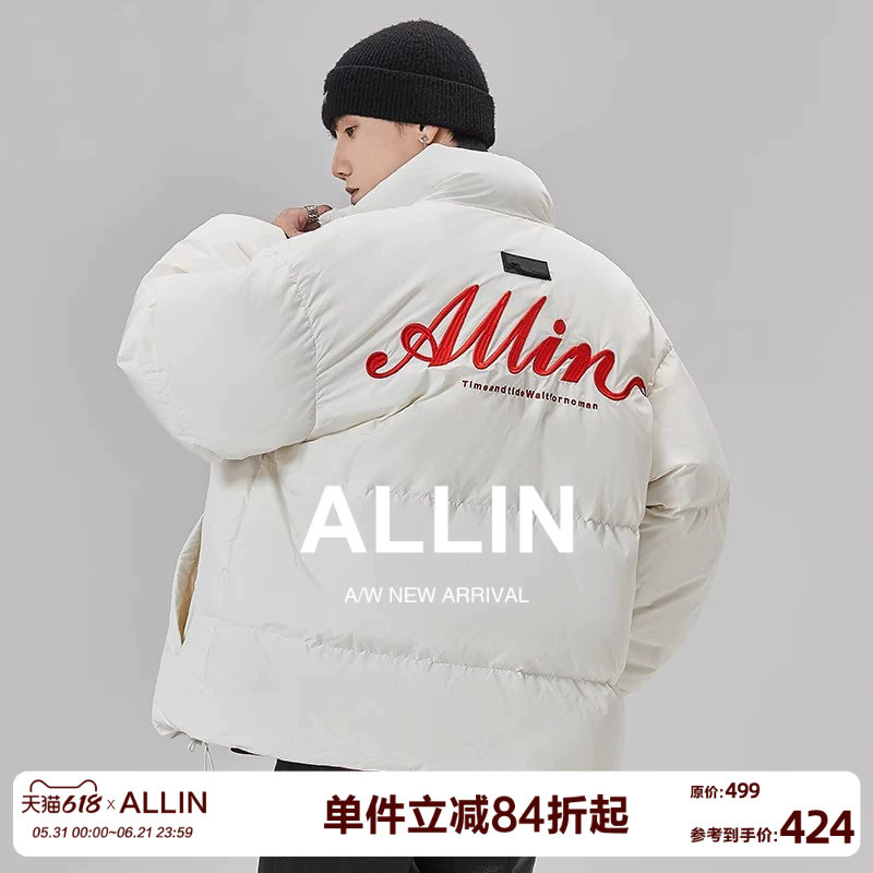 ALLIN 白色鸭绒羽绒服冬季男款品牌字母刺绣短款立领情侣潮牌外套