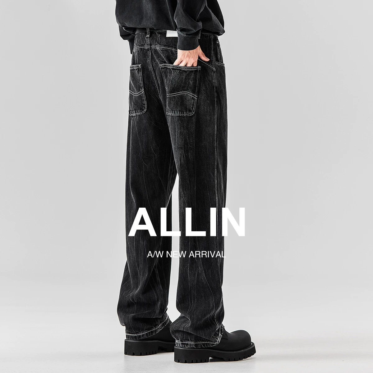 ALLIN 黑色牛仔裤男士夏季宽松直筒阔腿裤美式高街微喇拖地长裤子