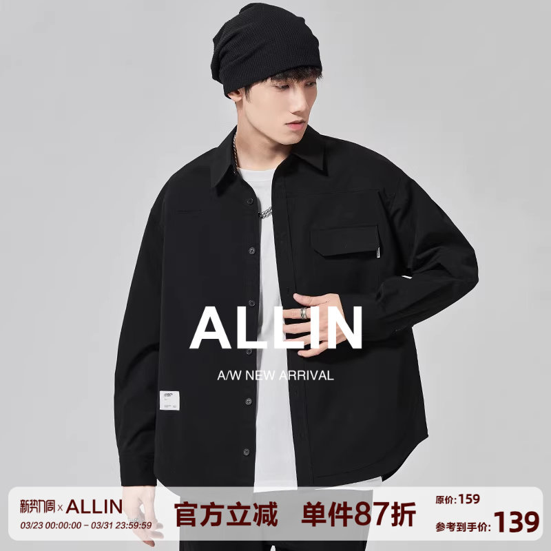 ALLIN 美式工装长袖衬衫男春秋潮牌痞帅宽松衬衣黑色休闲上衣外