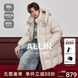 ALLIN 90绒宽松h型羽绒服大衣男冬季加厚保暖防寒连帽中长款外套