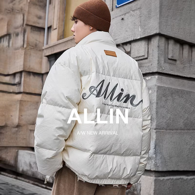 ALLIN 白色鸭绒羽绒服男款冬季加厚潮牌字母刺绣立领宽松短款外套