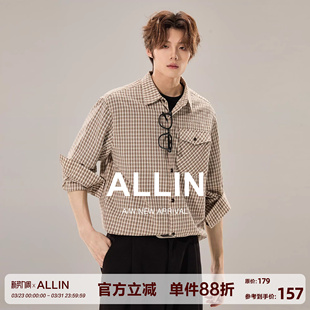 男春秋慵懒松弛高级感通勤格子纹衬衣 衬衫 ALLIN 老钱风千鸟格长袖