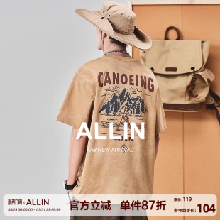 宽松休闲潮牌半袖 ALLIN t恤男夏季 山水字母印花短袖 情侣上衣 美式