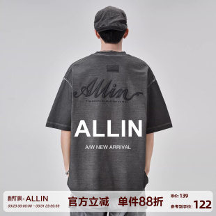 字母印花宽松半袖 ALLIN 美式 t恤男夏季 潮牌上衣 重磅做旧纯棉短袖