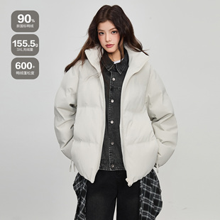 ALLIN 假两件牛仔拼接羽绒服女生冬季短款保暖面包服情侣立领外套