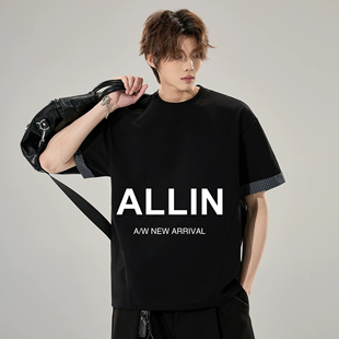 ALLIN 黑色重磅圆领短袖T恤男夏季潮牌千鸟格子袖口拼接情侣上衣