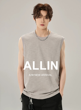 ALLIN 夏季宽松印花背心男女潮牌透气休闲百搭浅灰色运动无袖上衣