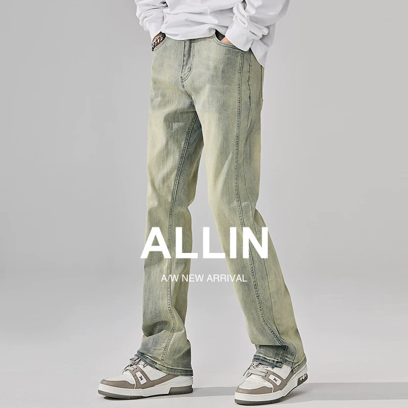 ALLIN 黄泥染牛仔裤男潮牌美式复古高街窄版微喇做旧直筒水洗裤子