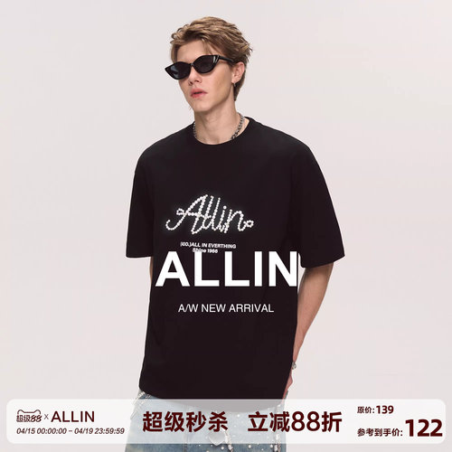 ALLIN 黑色短袖t恤男2026夏季新款潮牌纯棉重磅体恤情侣半袖上衣
