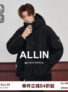 ALLIN 黑色连帽羽绒服男冬季加厚保暖冲锋工装衣夹克情侣潮牌外套
