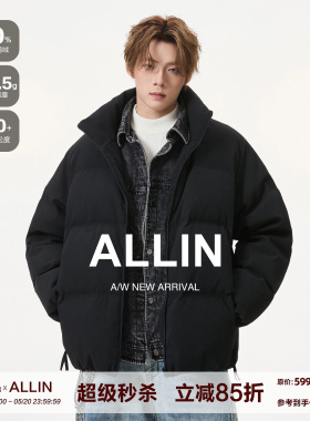ALLIN 黑色短款假两件羽绒服男冬季保暖cleanfit廓形立领情侣外套