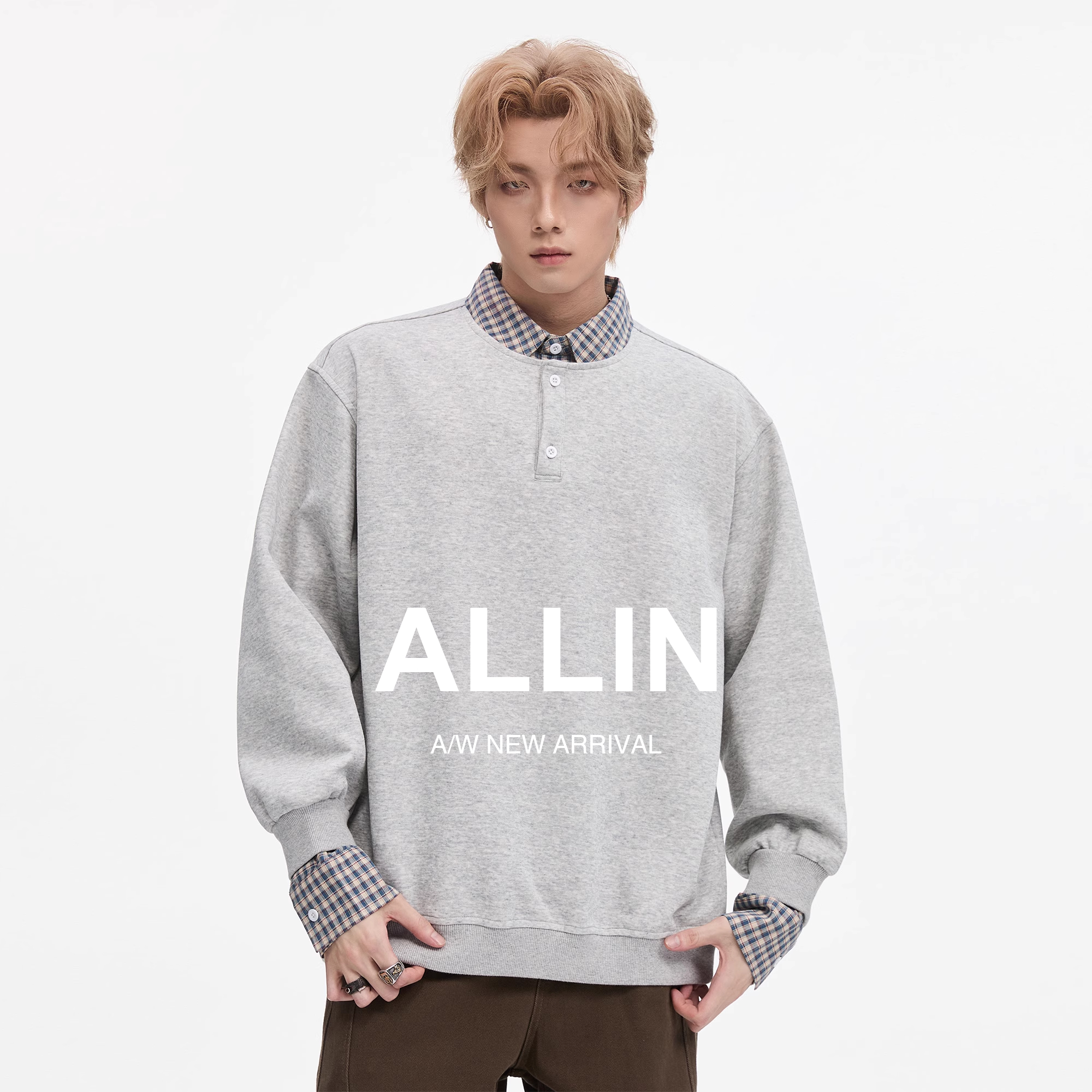 ALLIN 假两件重磅潮牌卫衣男秋季美式格子衬衫领拼接上衣情侣外套