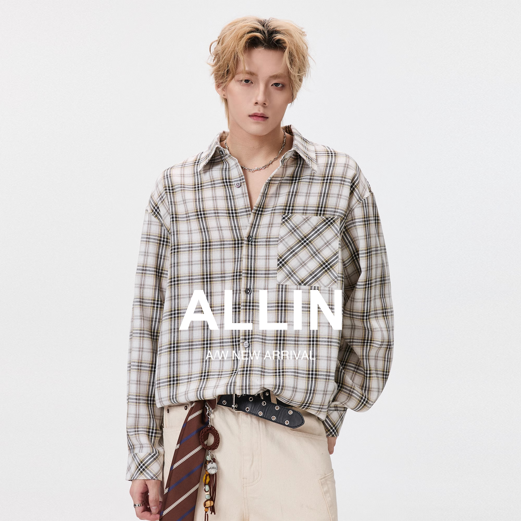 ALLIN 美式松弛感长袖格子衬衫男女同款秋季宽松慵懒通勤衬衣上衣