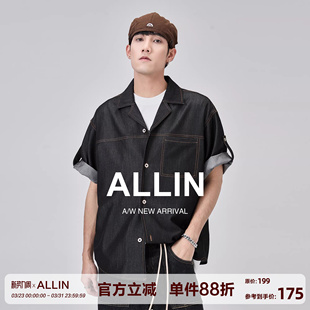 男夏季 衬衫 复古水洗翻领牛仔外套宽松百搭情侣上衣 黑色短袖 ALLIN
