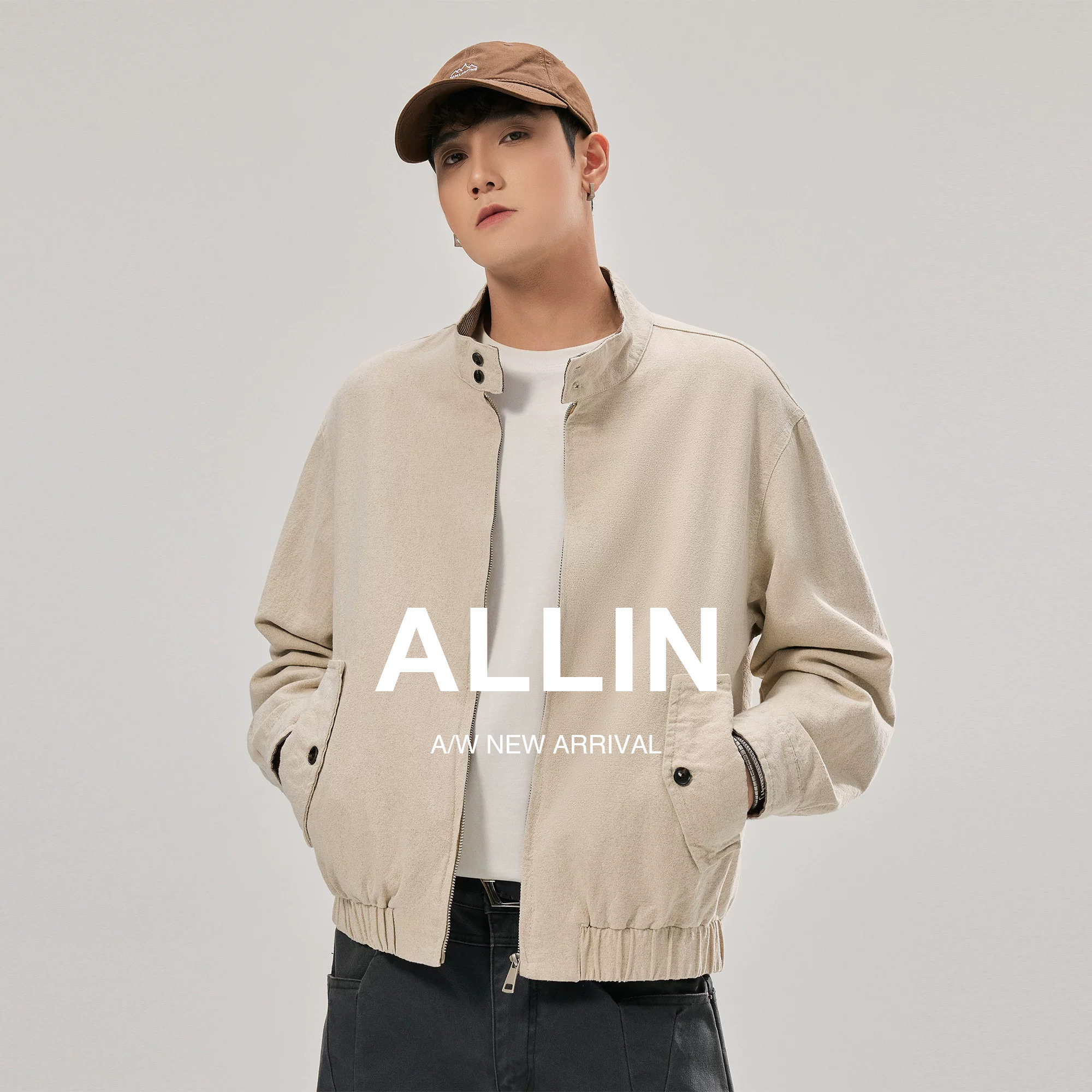 ALLIN 亚麻棉混纺立领夹克男春秋季哈灵顿休闲宽松情侣飞行员外套