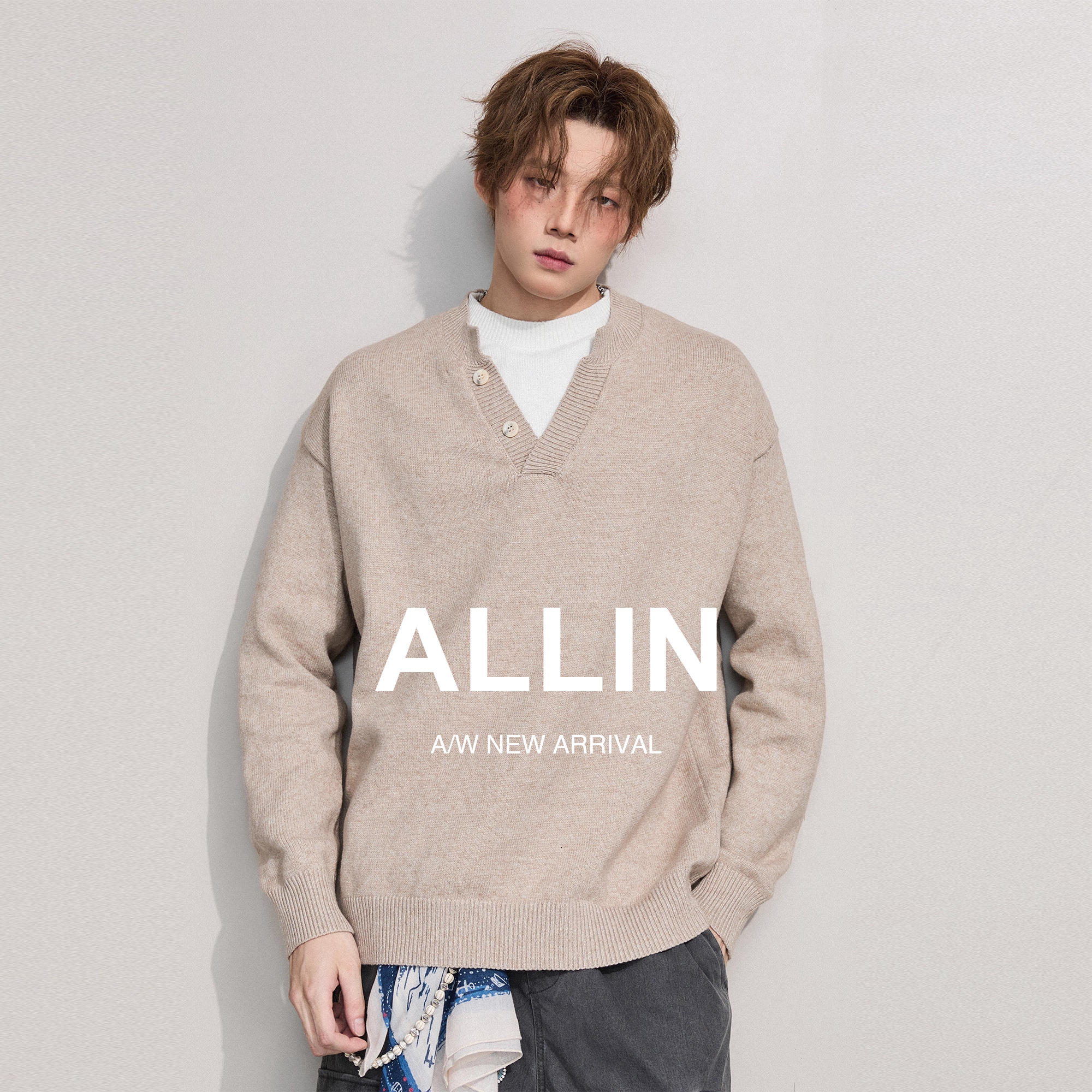 ALLIN 假两件针织毛衣男秋冬慵懒情侣cleanfit内搭打底针织衫外套