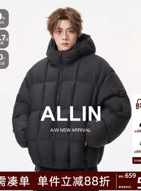 ALLIN 黑色连帽90羽绒服男生冬季情侣加厚防寒滑雪面包服保暖外套