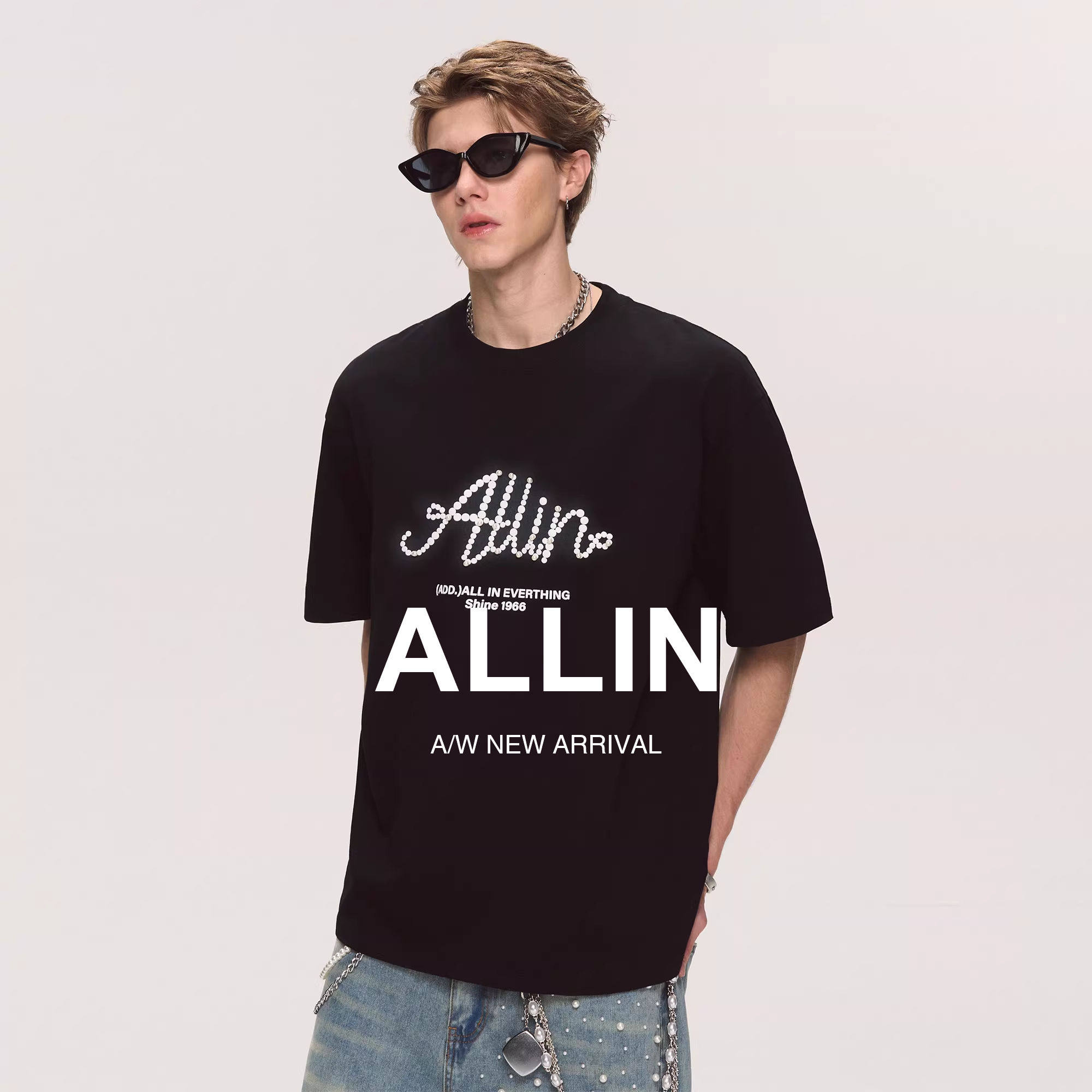 ALLIN 黑色短袖t恤男2025夏季新款潮牌纯棉重磅体恤情侣半