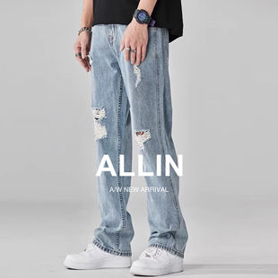 高街浅蓝色水洗宽松直筒阔腿长裤 ALLIN 美式 男秋冬季 子 破洞牛仔裤