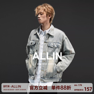 ALLIN 复古宽松潮牌情侣翻领夹克 破洞水洗做旧牛仔外套男春秋美式