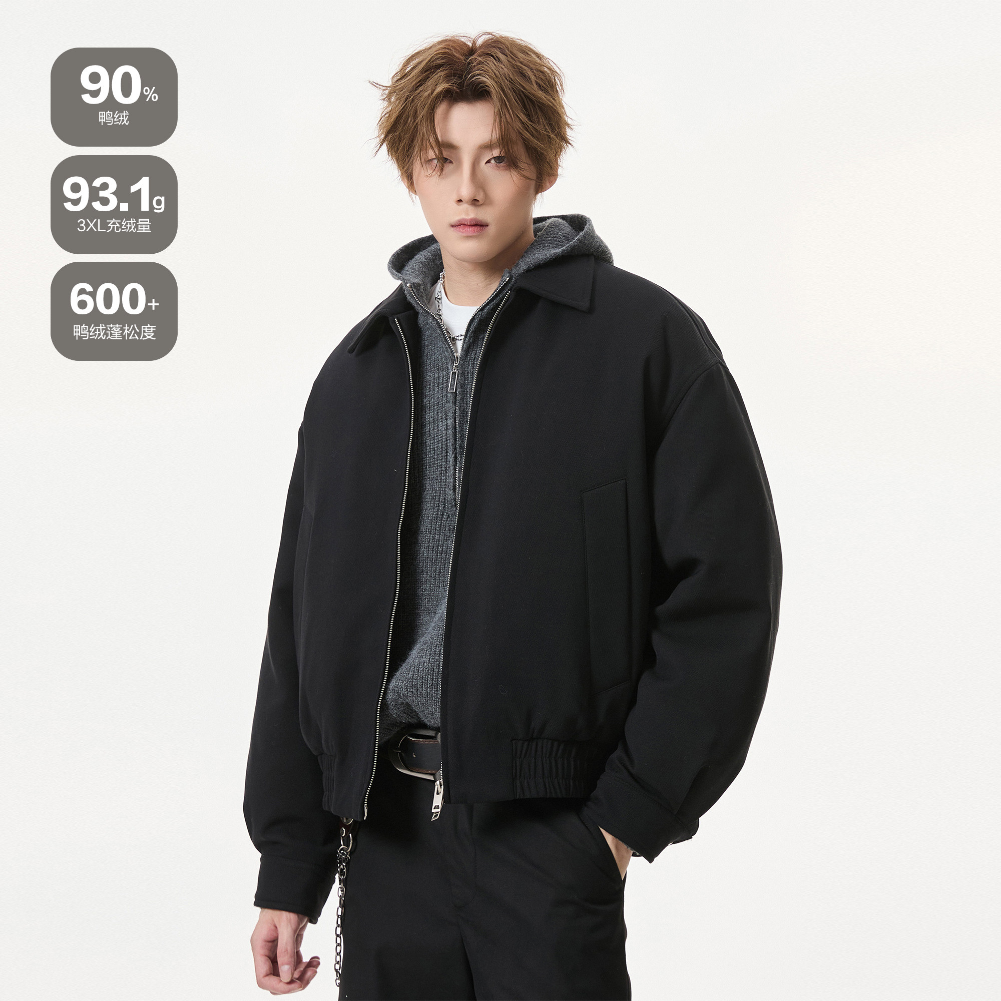 ALLIN 黑色cleanfit翻领夹克羽绒服男生冬季短款廓形保暖情侣外套