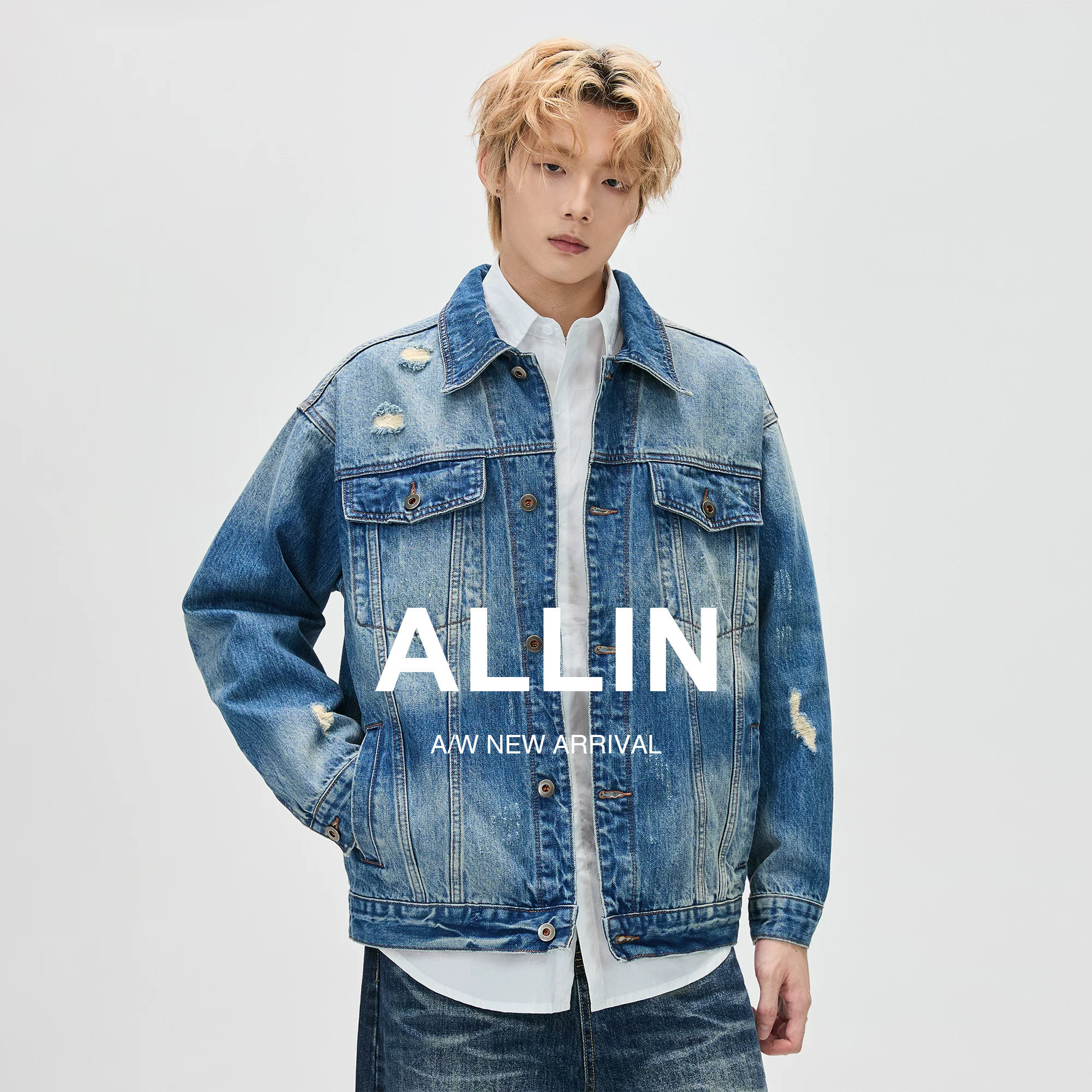 ALLIN 美式水洗做旧牛仔衣外套男春秋潮牌复古破洞设计感休闲夹克