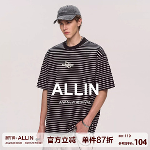 潮牌复古宽松半袖 ALLIN 美式 t恤男夏季 情侣重磅圆领上衣 条纹短袖
