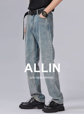 ALLIN 美式高街复古蓝牛仔裤男加绒加厚水洗垂感直筒宽松阔腿裤子