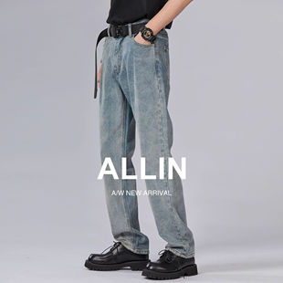 男加绒加厚水洗垂感直筒宽松阔腿裤 高街复古蓝牛仔裤 子 美式 ALLIN