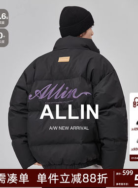 ALLIN 黑色刺绣羽绒服男士冬季美式潮牌防寒保暖短款立领情侣外套