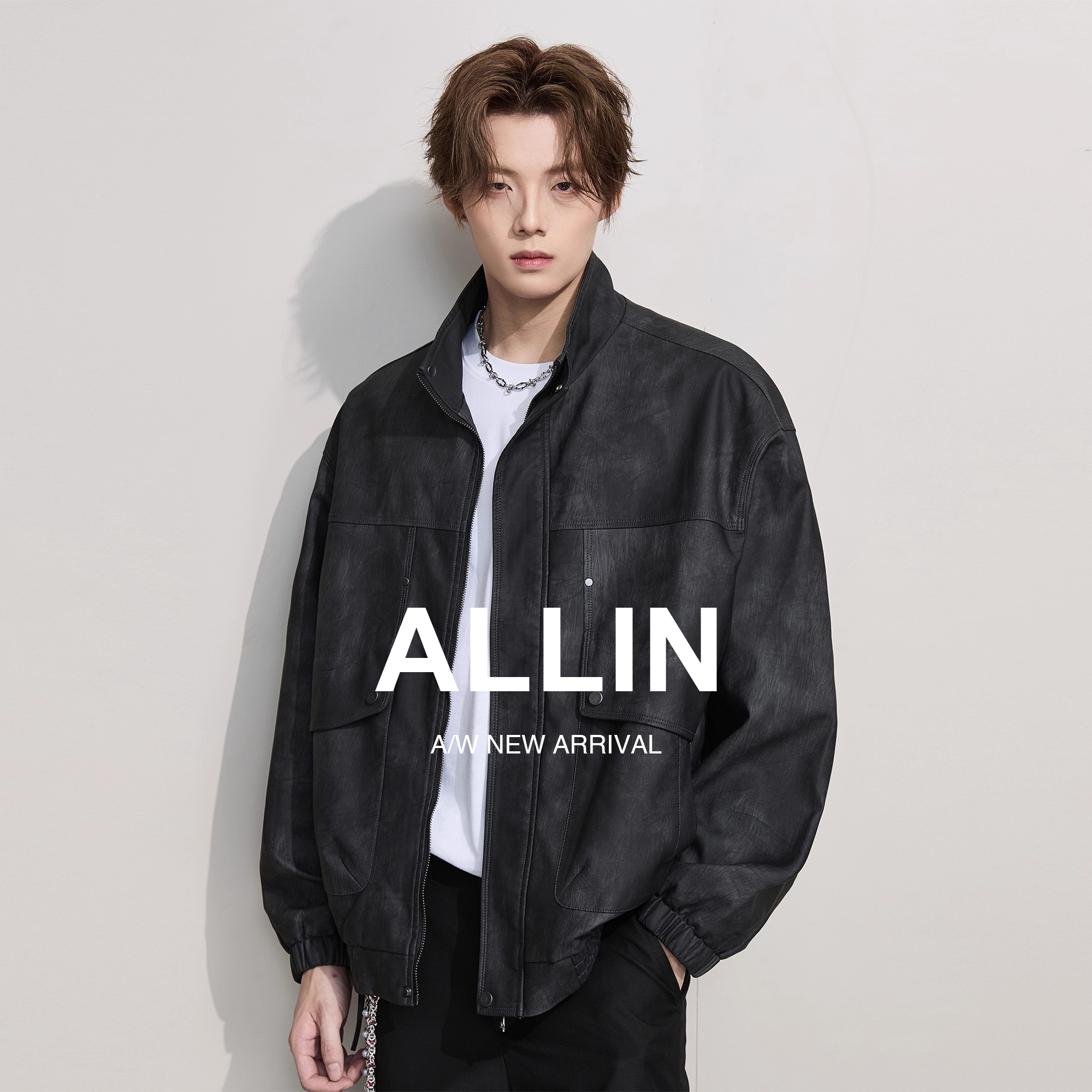 ALLIN 立领哑光皮衣外套男秋季情侣美式机车廓形痞帅飞行员PU夹克