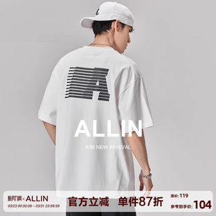 t恤男夏季 字母印花短袖 潮牌百搭宽松重磅纯棉白色上衣 美式 ALLIN