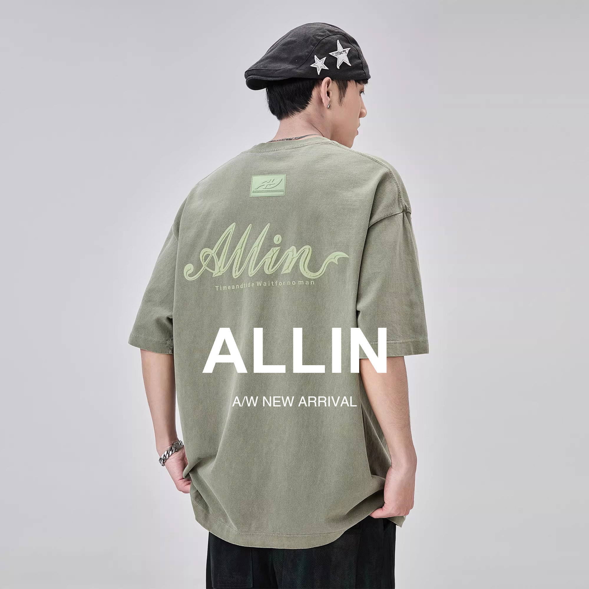 ALLIN 重磅圆领短袖t恤男夏季字母立体印花纯棉情侣水洗半袖上