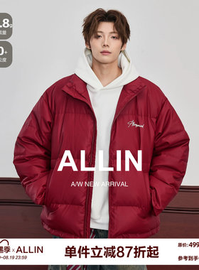 ALLIN 红色立领羽绒服男冬季加厚PU皮短款面包服情侣保暖防寒外套