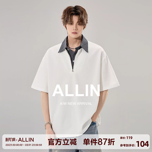领拼接polo衫 ALLIN 潮牌衬衫 T恤男夏季 上衣 假两件重磅半拉链短袖