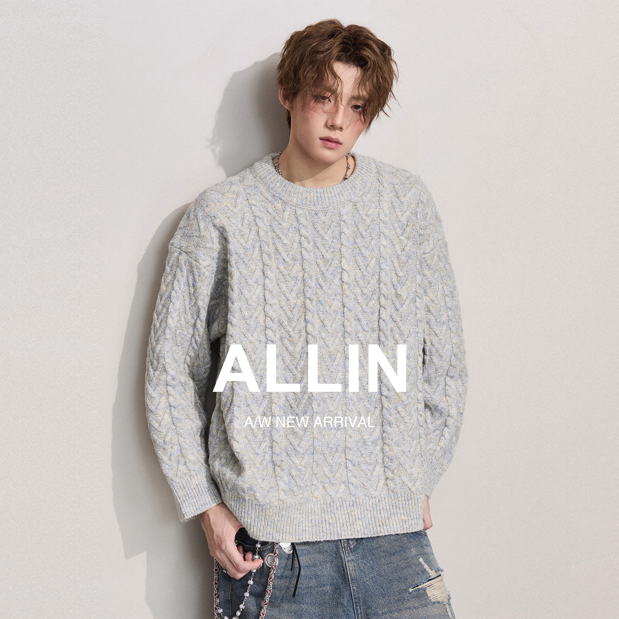 ALLIN 情侣慵懒风混色毛衣男秋冬保暖圆领套头针织衫休闲毛线上衣