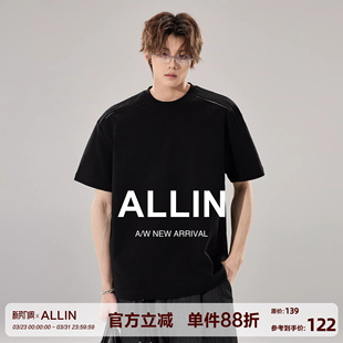 圆领Boxy版 ALLIN T恤男夏季 解构拼接短袖 型宽松休闲黑色上衣 美式