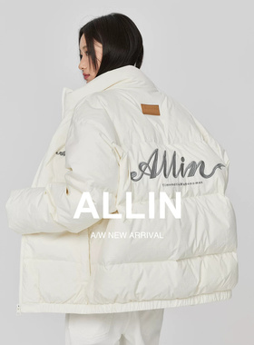 ALLIN 白色羽绒服男女款冬季青少年情侣潮牌帅气字母刺绣短款外套