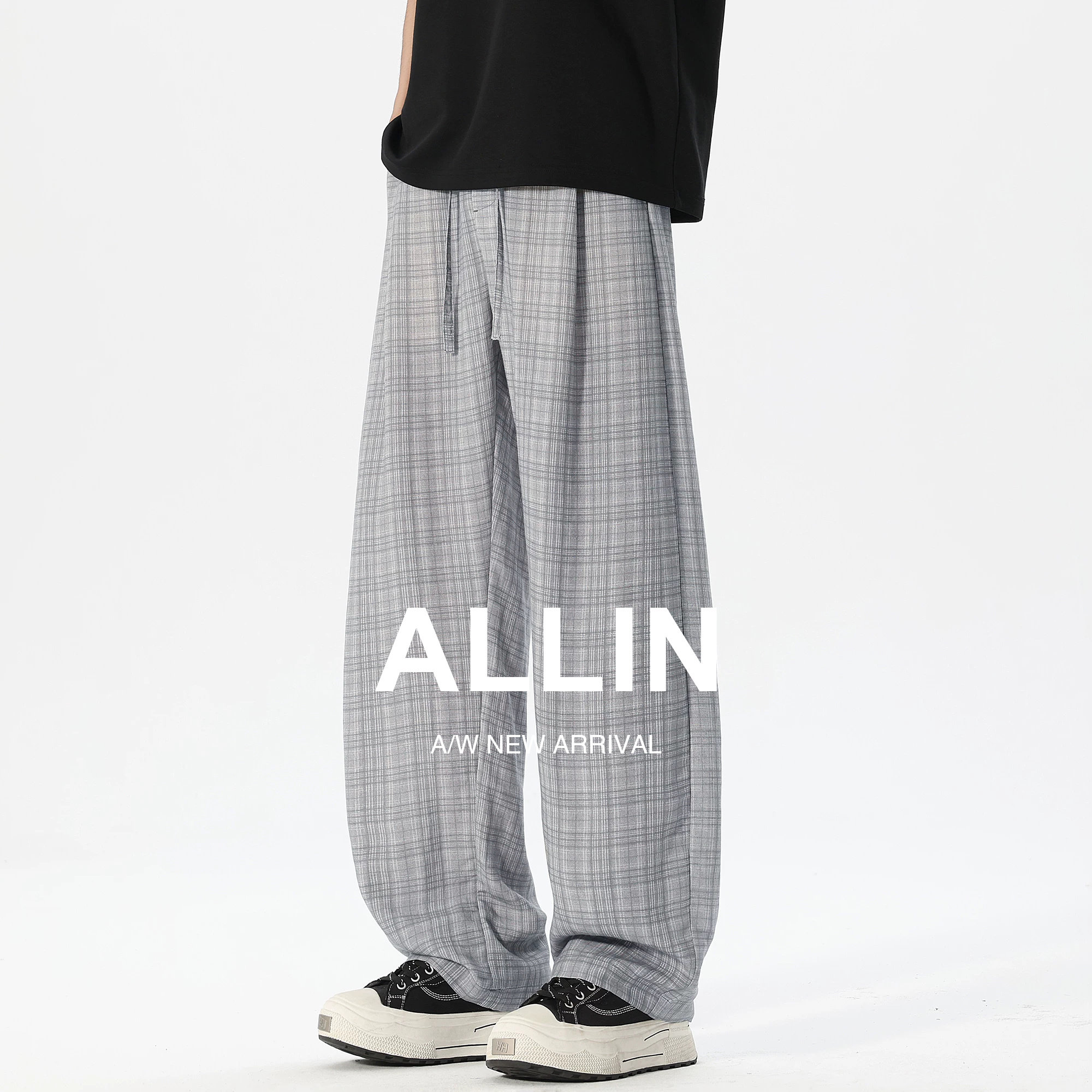 ALLIN 美式复古拼色格子休闲长裤子男款秋季潮牌亚麻混纺弯刀长裤