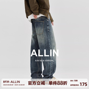 复古宽松阔腿潮牌高街休闲长裤 男春秋美式 子 水洗直筒牛仔裤 ALLIN