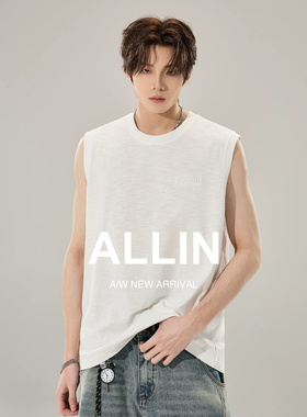 ALLIN 情侣潮牌白色无袖背心夏季印花宽松透气休闲运动痞帅上衣