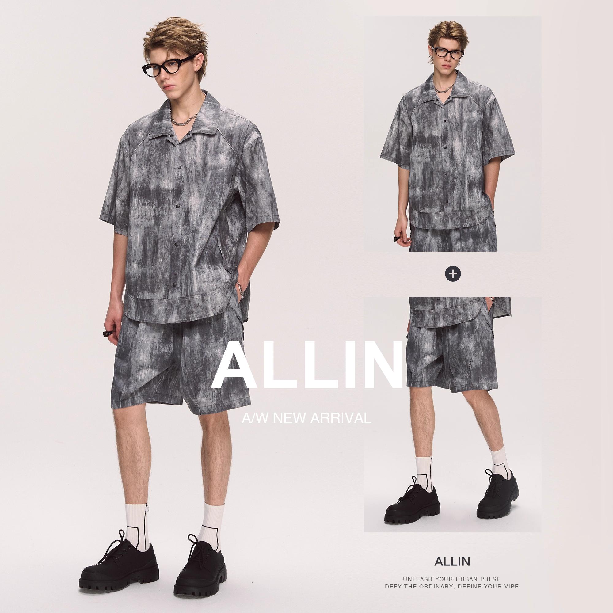 ALLIN 翻领衬衫短袖短裤两件套男士2025夏季新款宽松薄款一整套装