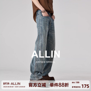 美式 高街休闲长裤 水洗弯刀牛仔裤 潮牌宽松直筒裤 子 男春秋季 ALLIN