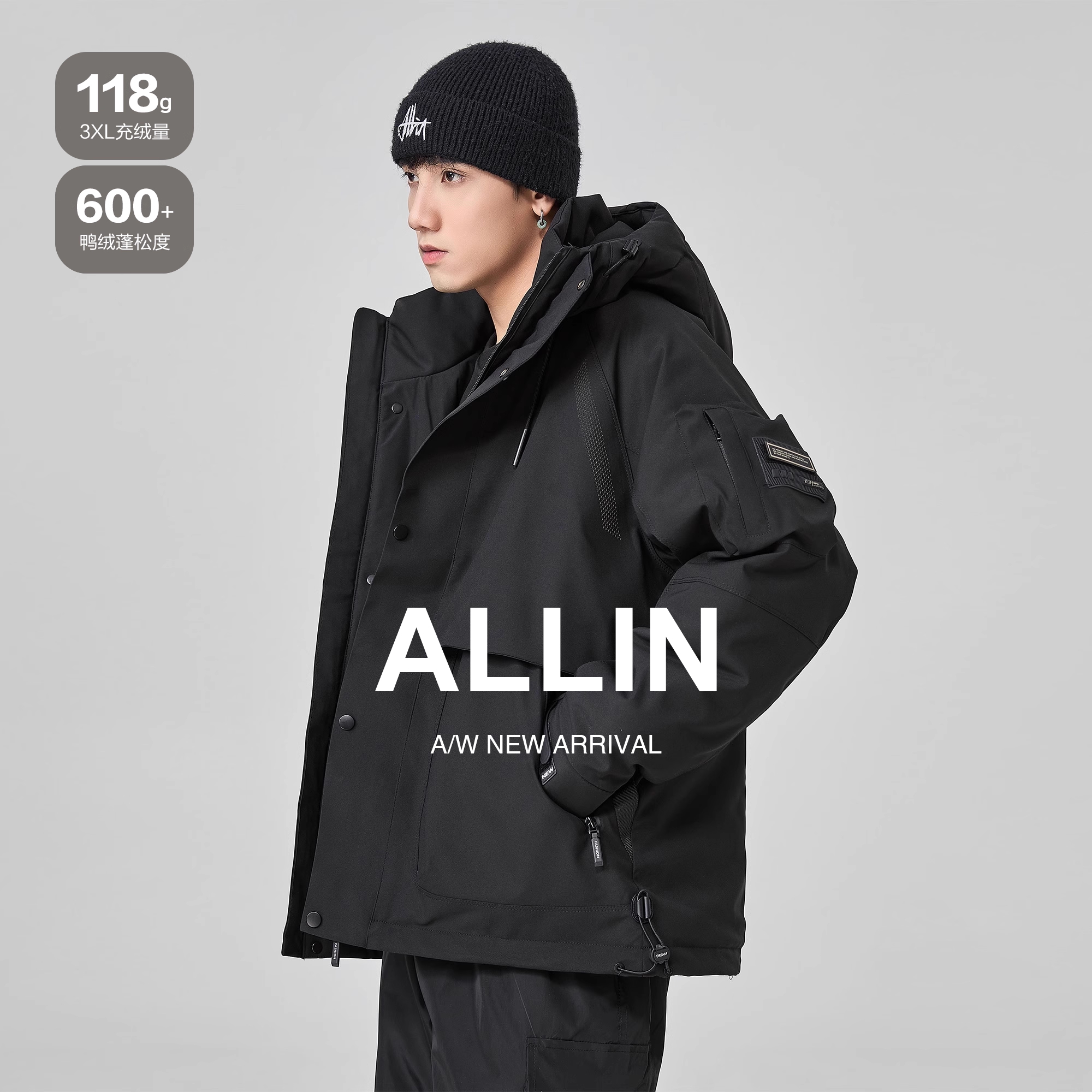 ALLIN 黑色连帽羽绒服男款冬季工装鸭绒加厚保暖休闲情侣夹克外套