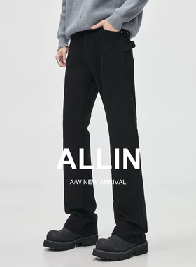 ALLIN 黑色微喇牛仔裤男夏季美式高街修身窄版喇叭显瘦直筒长裤子