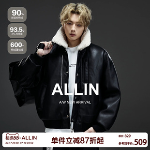 ALLIN 黑色可拆卸羊羔毛领皮衣羽绒服男秋冬季情侣机车皮夹克外套