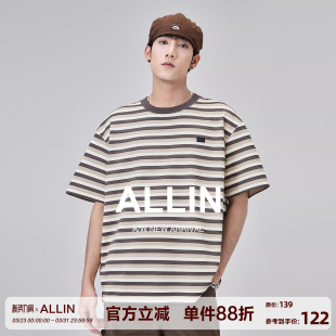 潮牌潮流复古圆领半袖 t恤男夏季 情侣重磅上衣 条纹撞色短袖 ALLIN